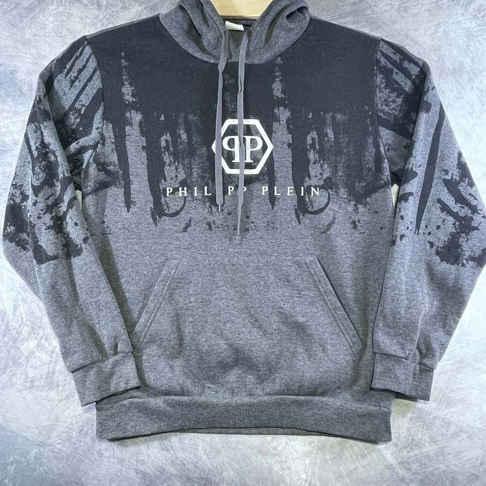 Philipp Plein Hoodie Size L Gray Graphic Pullover Sweatshirt